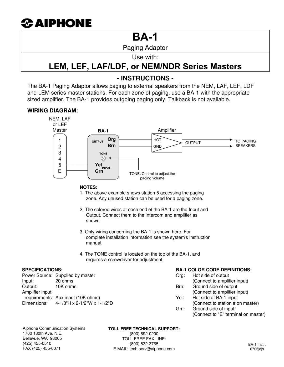 Aiphone LEM, LEF, LAF/LDF instruction manual Instructions, Wiring Diagram, Specifications BA-1 Color Code Definitions 