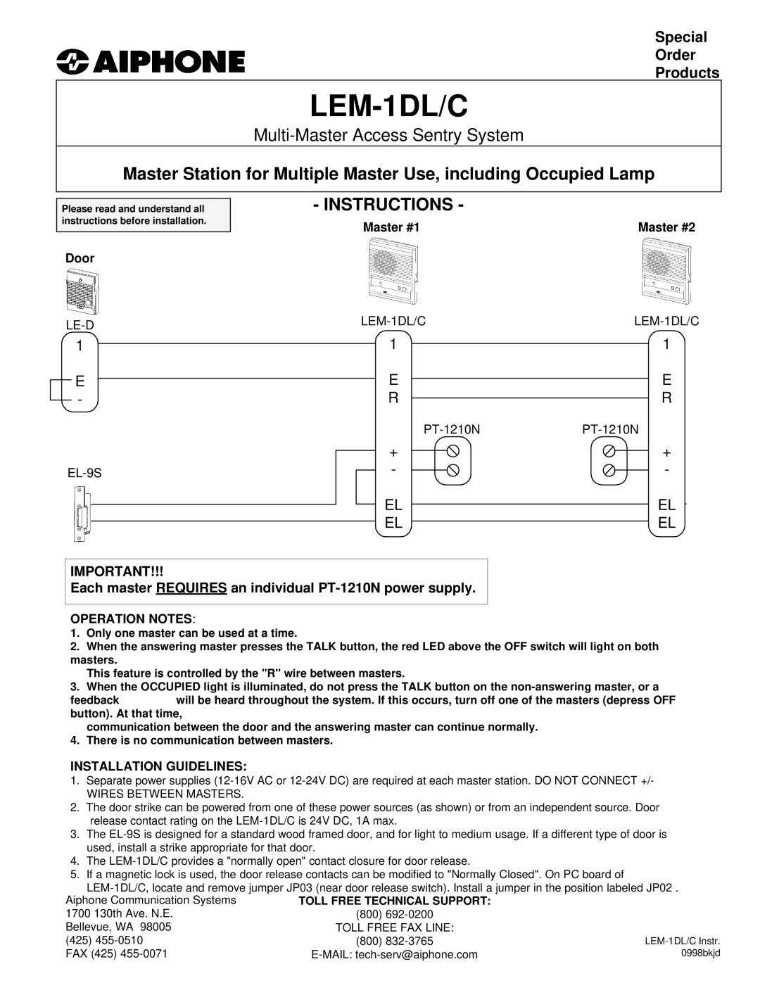 Aiphone manual LEM-1DL/C, Instructions, Each master Requires an individual PT-1210N power supply, Operation Notes 