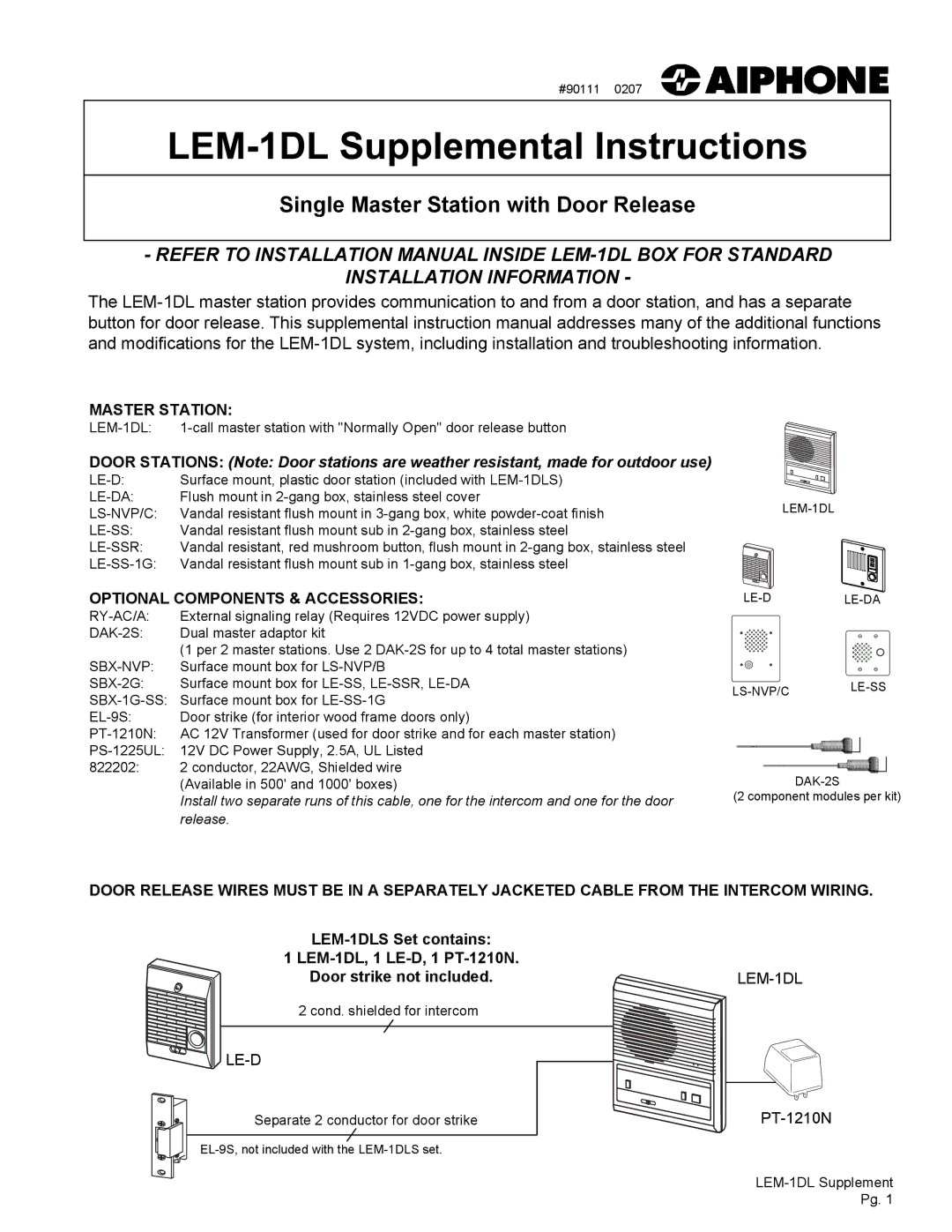 Aiphone LEM-1DL installation manual Master Station, Optional Components & Accessories 