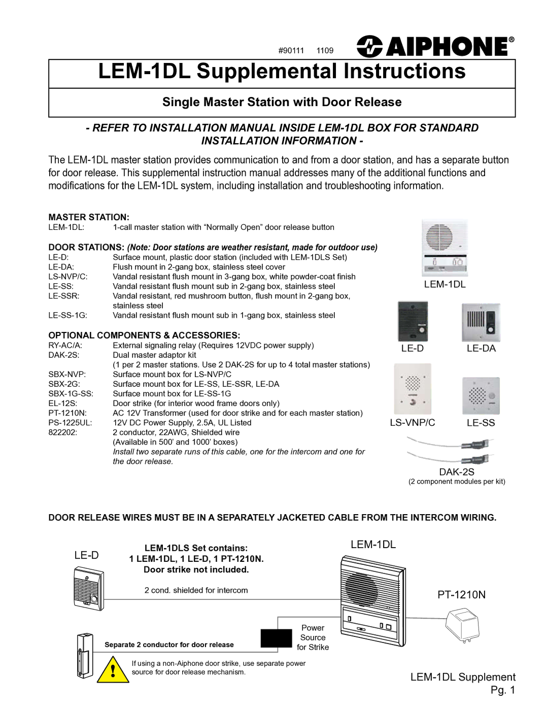 Aiphone LEM-1DL installation manual Master Station, Optional Components & Accessories 