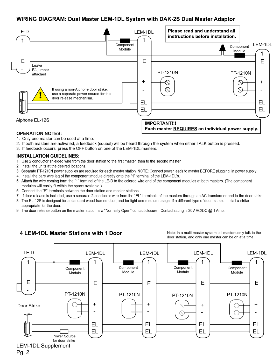 Aiphone LEM-1DL installation manual PT-1210N, Operation Notes 