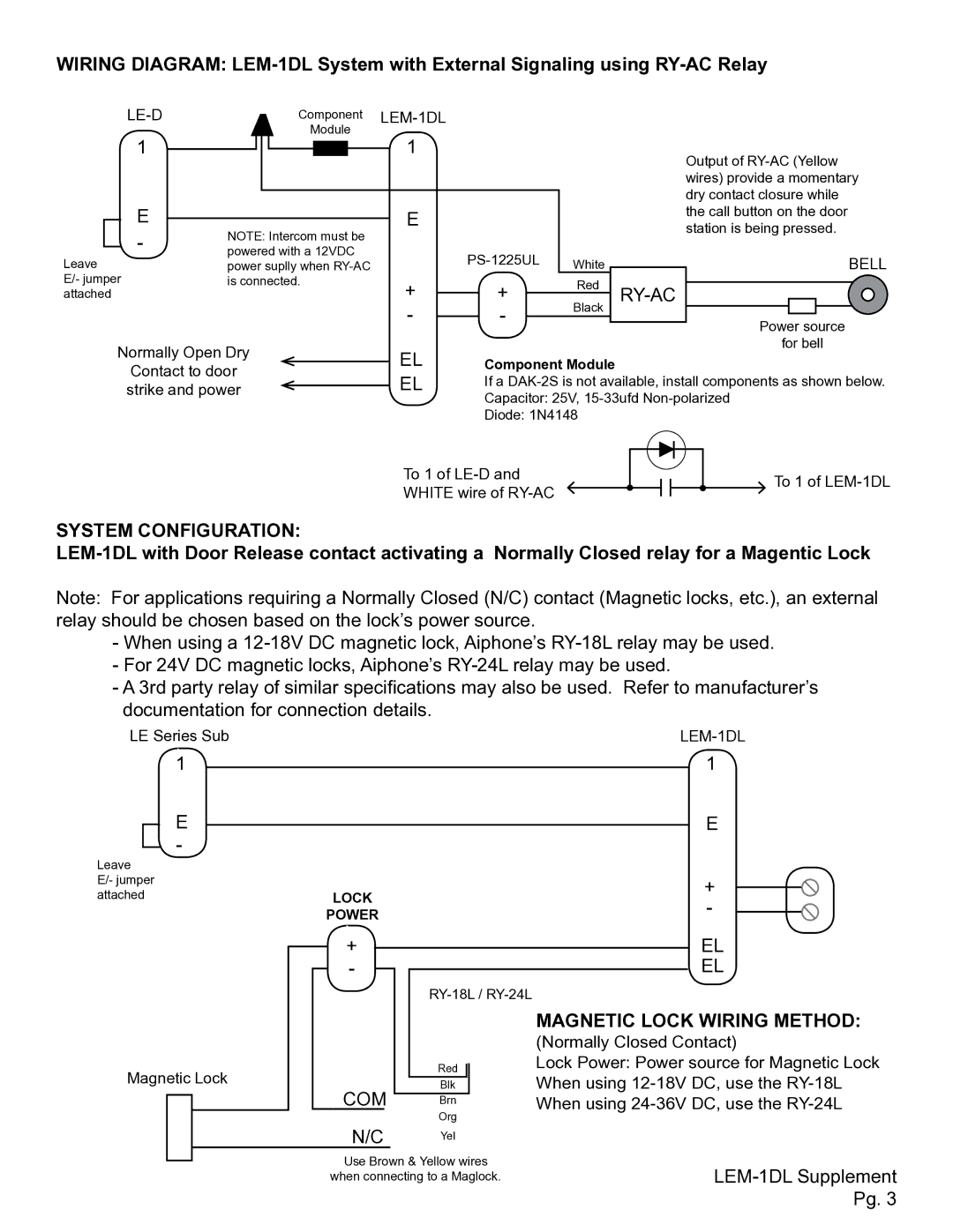 Aiphone LEM-1DL installation manual Ry-Ac, System Configuration, Com, Magnetic Lock Wiring Method 