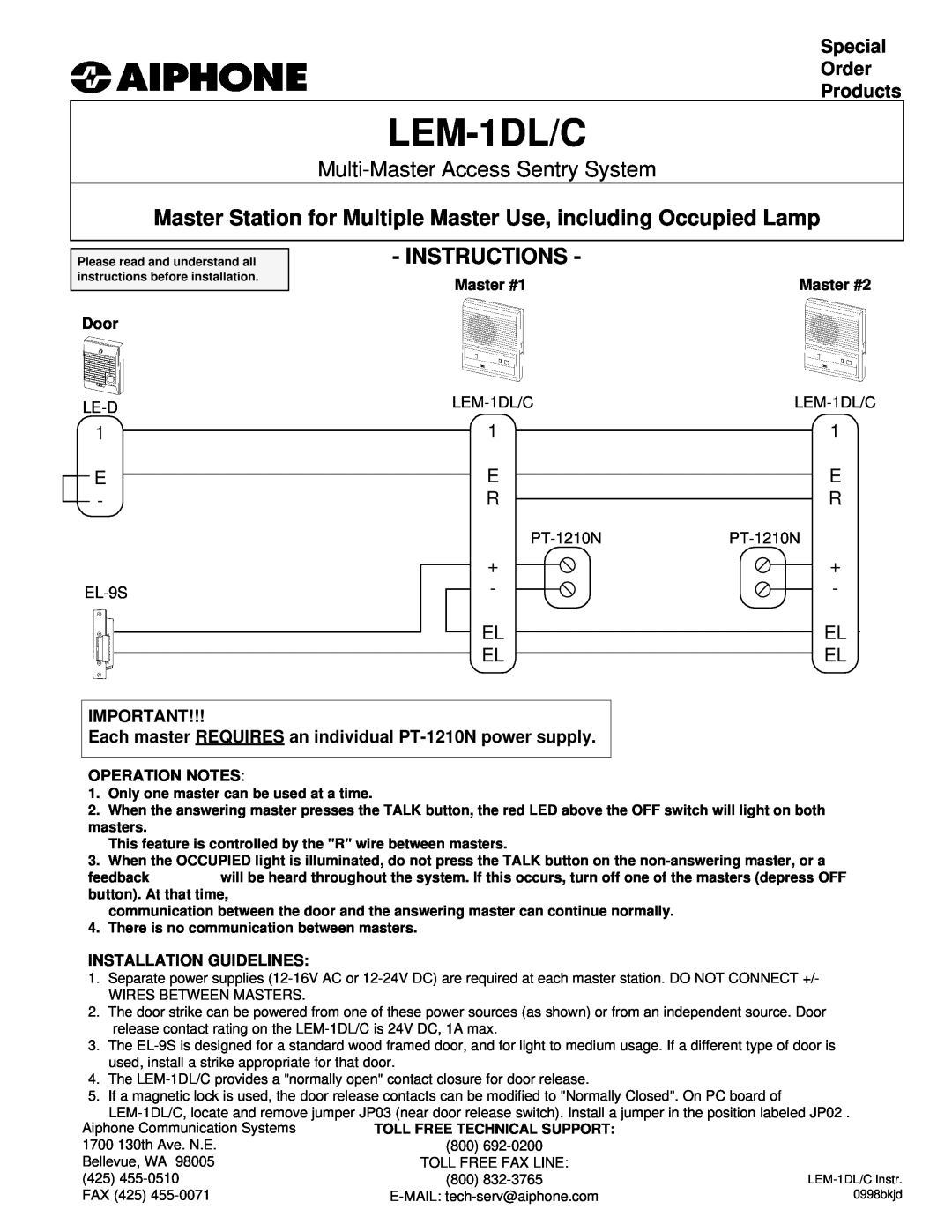 Aiphone installation manual LEM-1DLSupplemental Instructions, Single Master Station with Door Release, the door release 