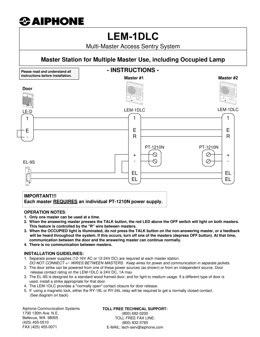 Aiphone LEM-1DLC manual Instructions, Each master Requires an individual PT-1210N power supply, Operation Notes 