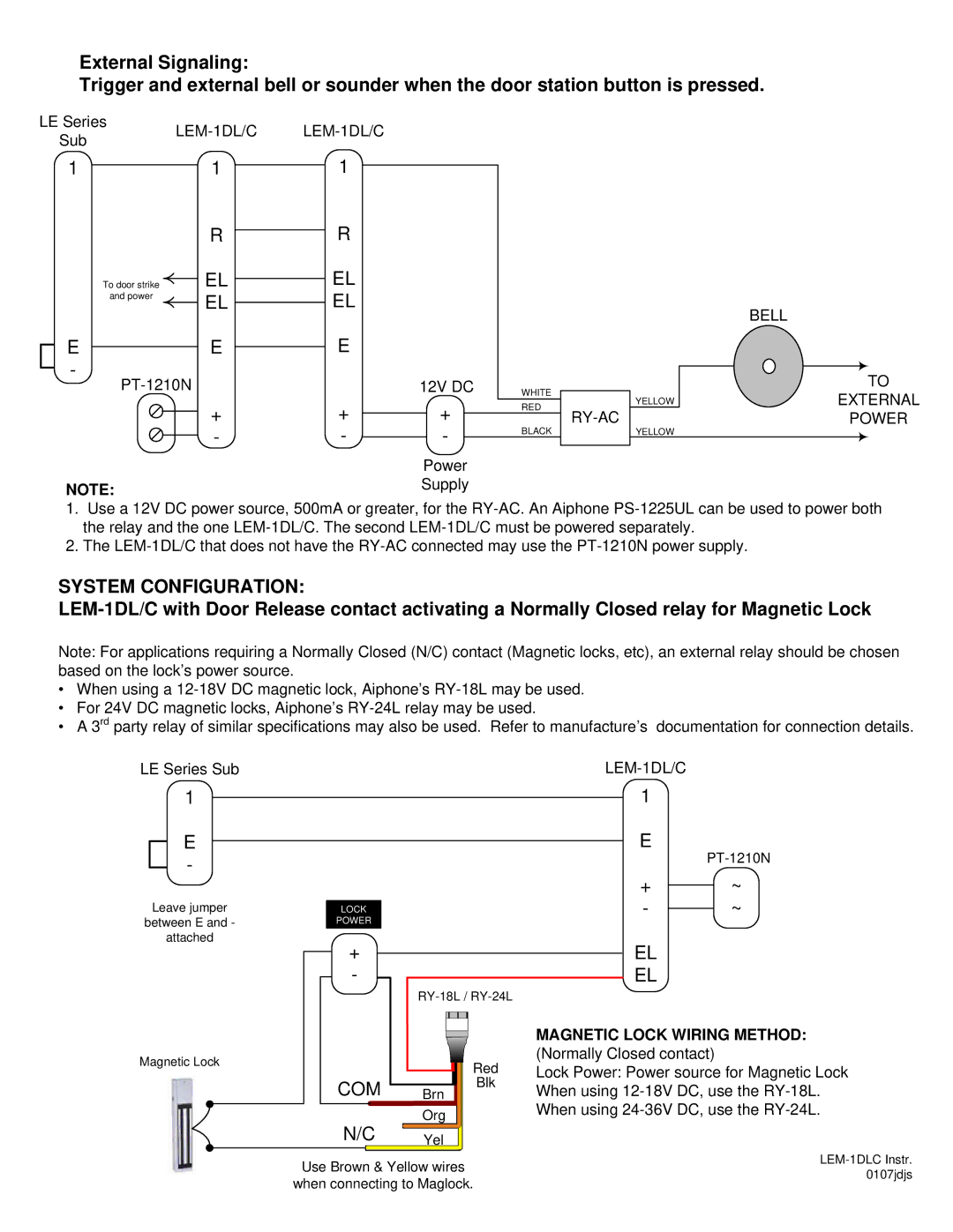 Aiphone LEM-1DLC manual System Configuration, Com, Magnetic Lock Wiring Method 