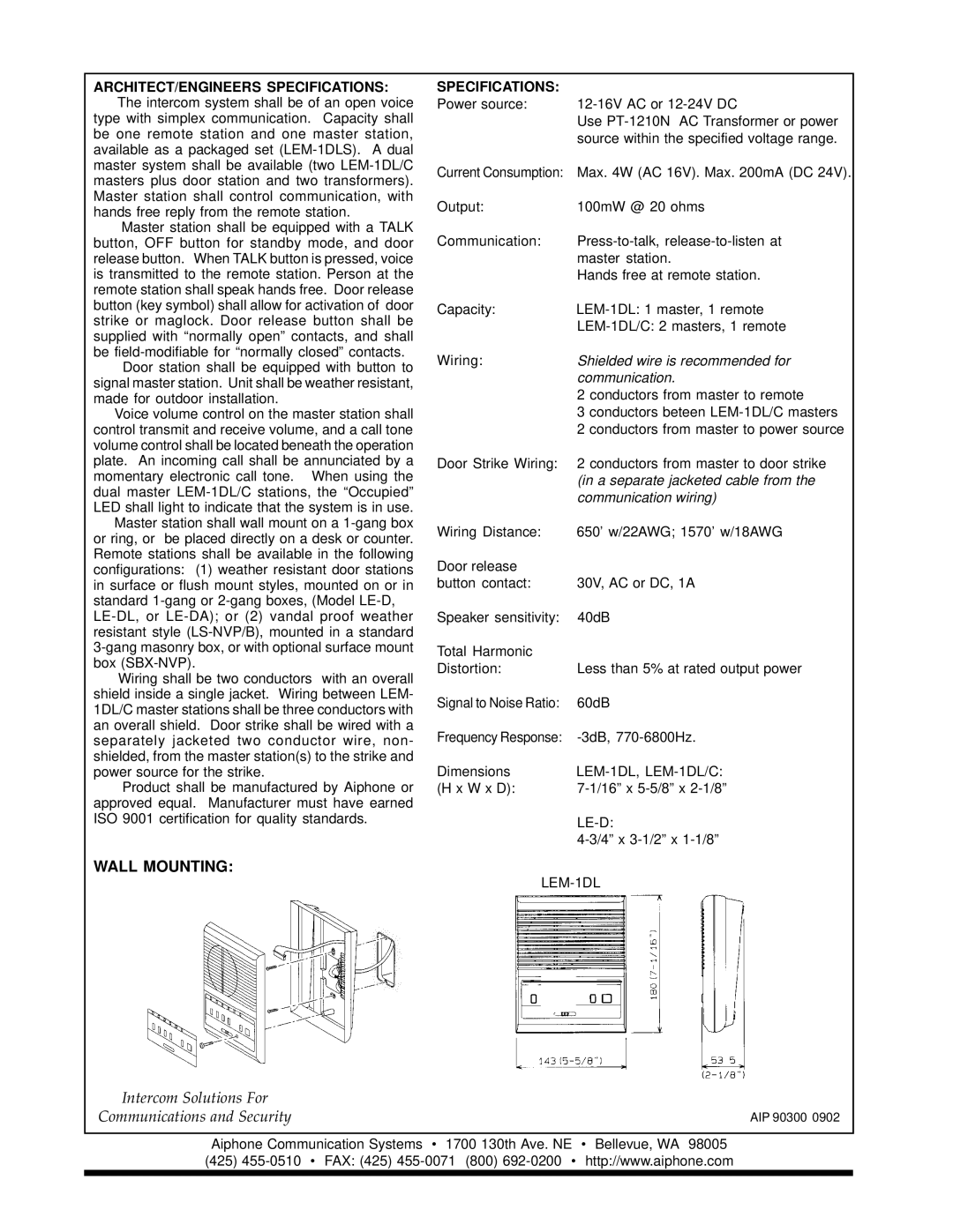 Aiphone LEM-1DLS specifications Wall Mounting, Specifications 