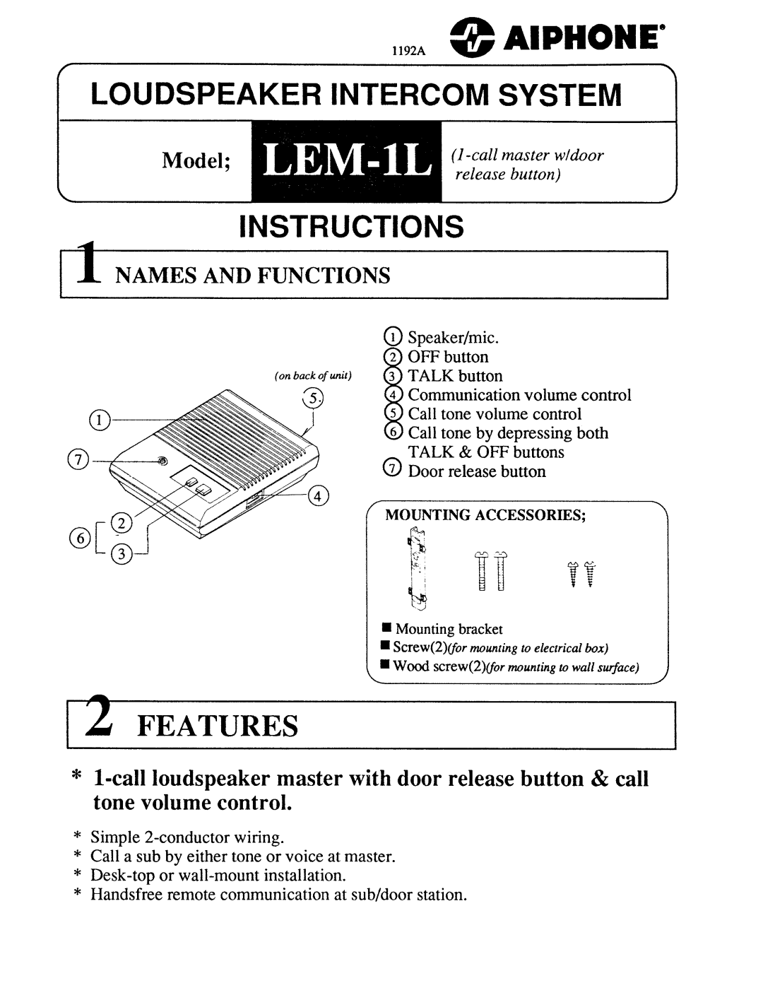 Aiphone LEM-1L manual 