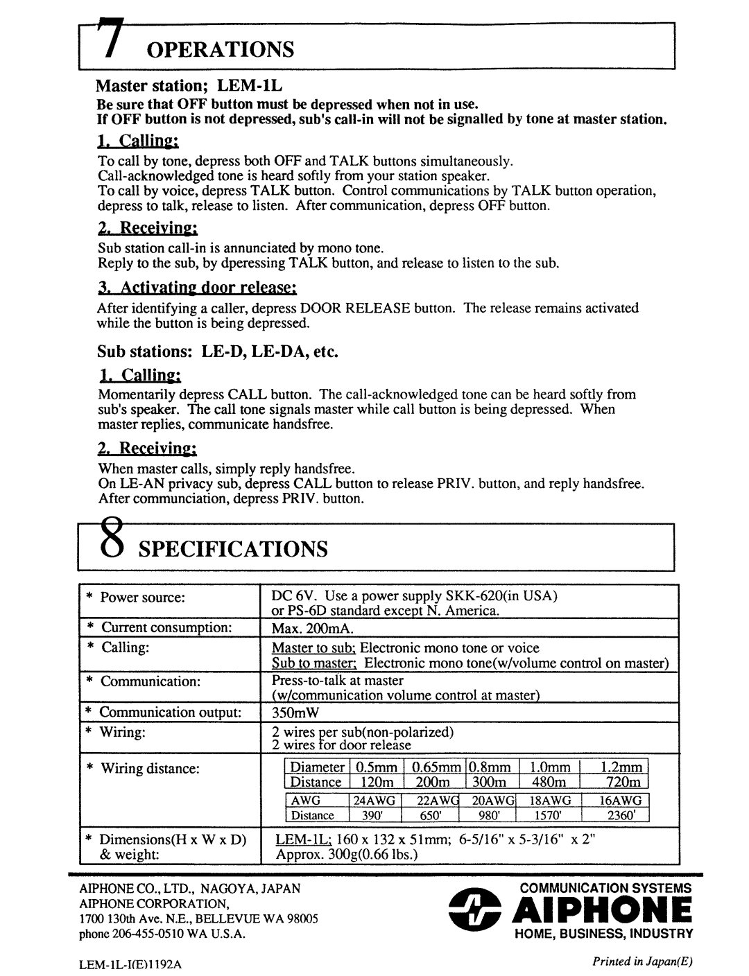 Aiphone LEM-1L manual 