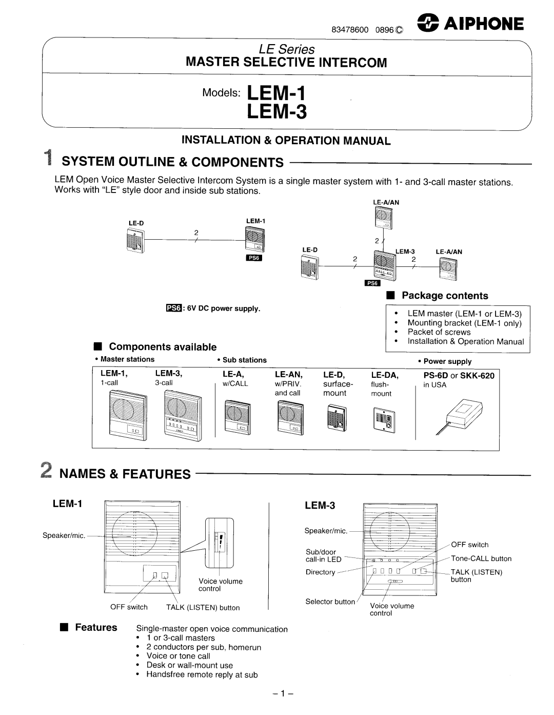 Aiphone LEM-1 LEM-3 manual 