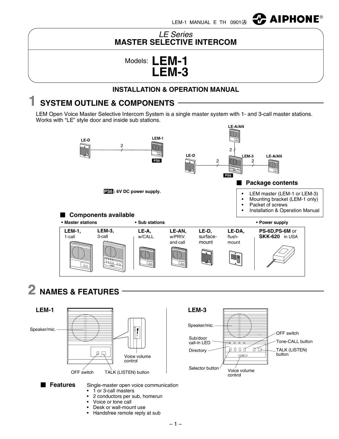 Aiphone LEM-1 operation manual System Outline & Components, Names & Features, Components available, Package contents 