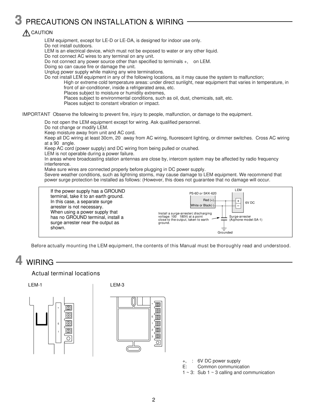 Aiphone LEM-3, LEM-1 operation manual Precautions on Installation & Wiring, Actual terminal locations 