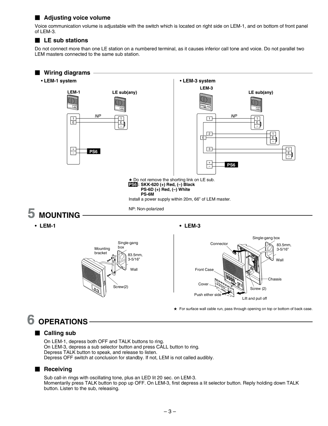 Aiphone LEM-1, LEM-3 operation manual Mounting, Operations 