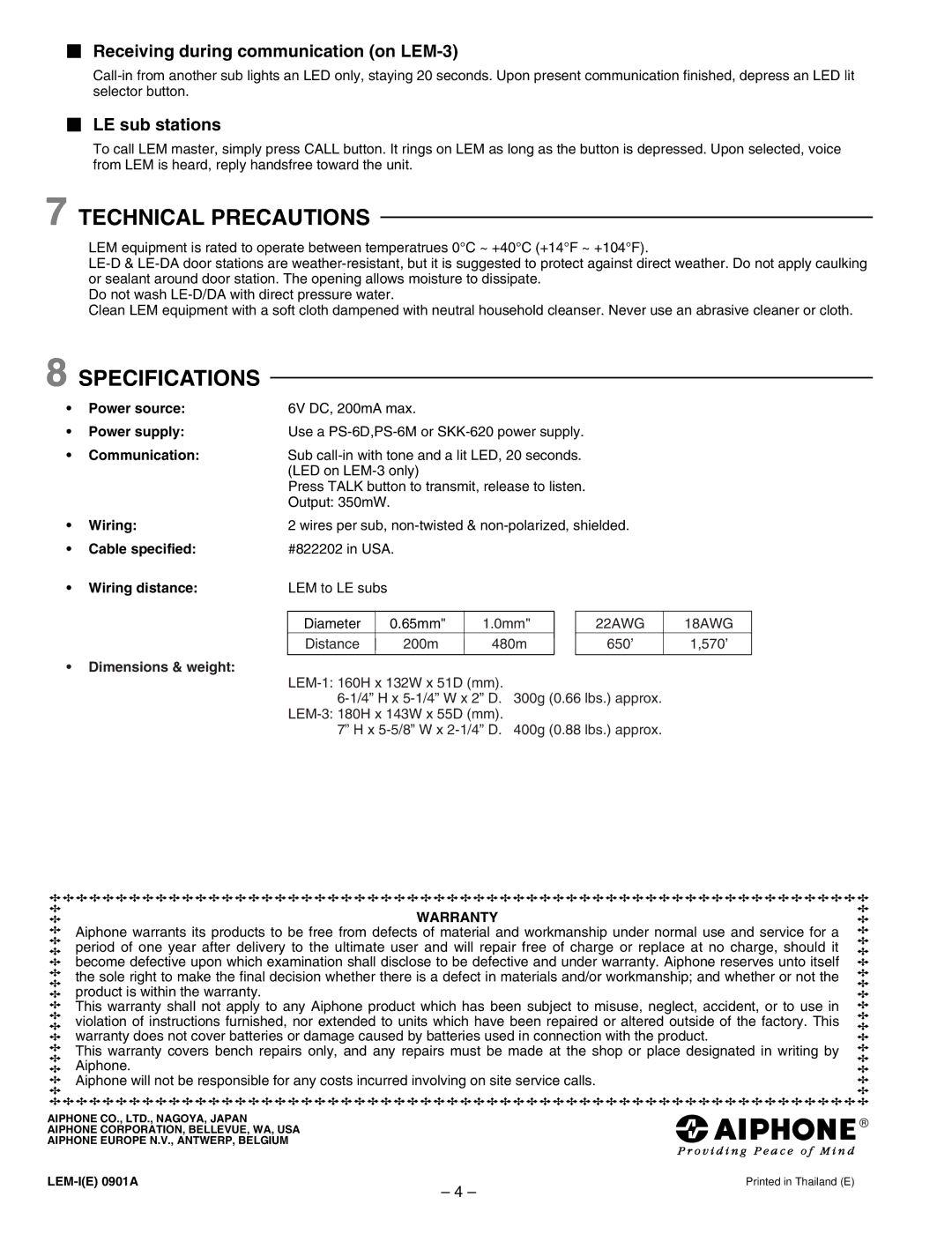 Aiphone LEM-1 Technical Precautions, Specifications, Receiving during communication on LEM-3, LE sub stations 