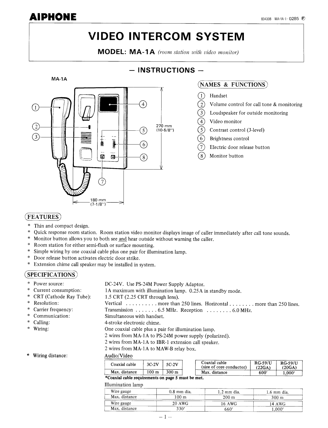 Aiphone MA-1A manual 