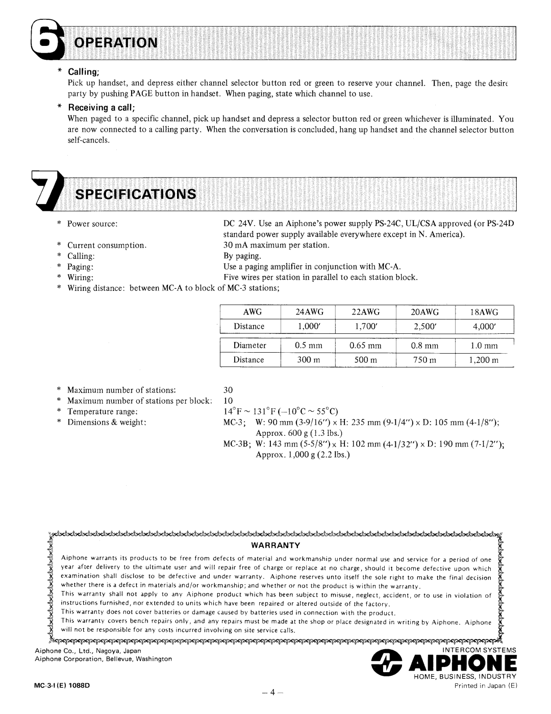 Aiphone MC-3B manual 