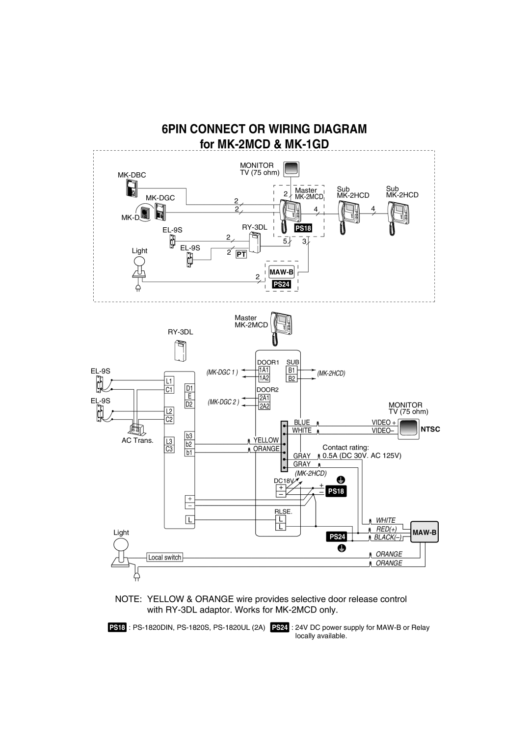 Aiphone Mk-2mcd, MK-2HCD manual 6PIN CONNECT OR WIRING DIAGRAM, for MK-2MCD& MK-1GD, PS18, 2PT 2MAW-B, PS24, Ntsc 