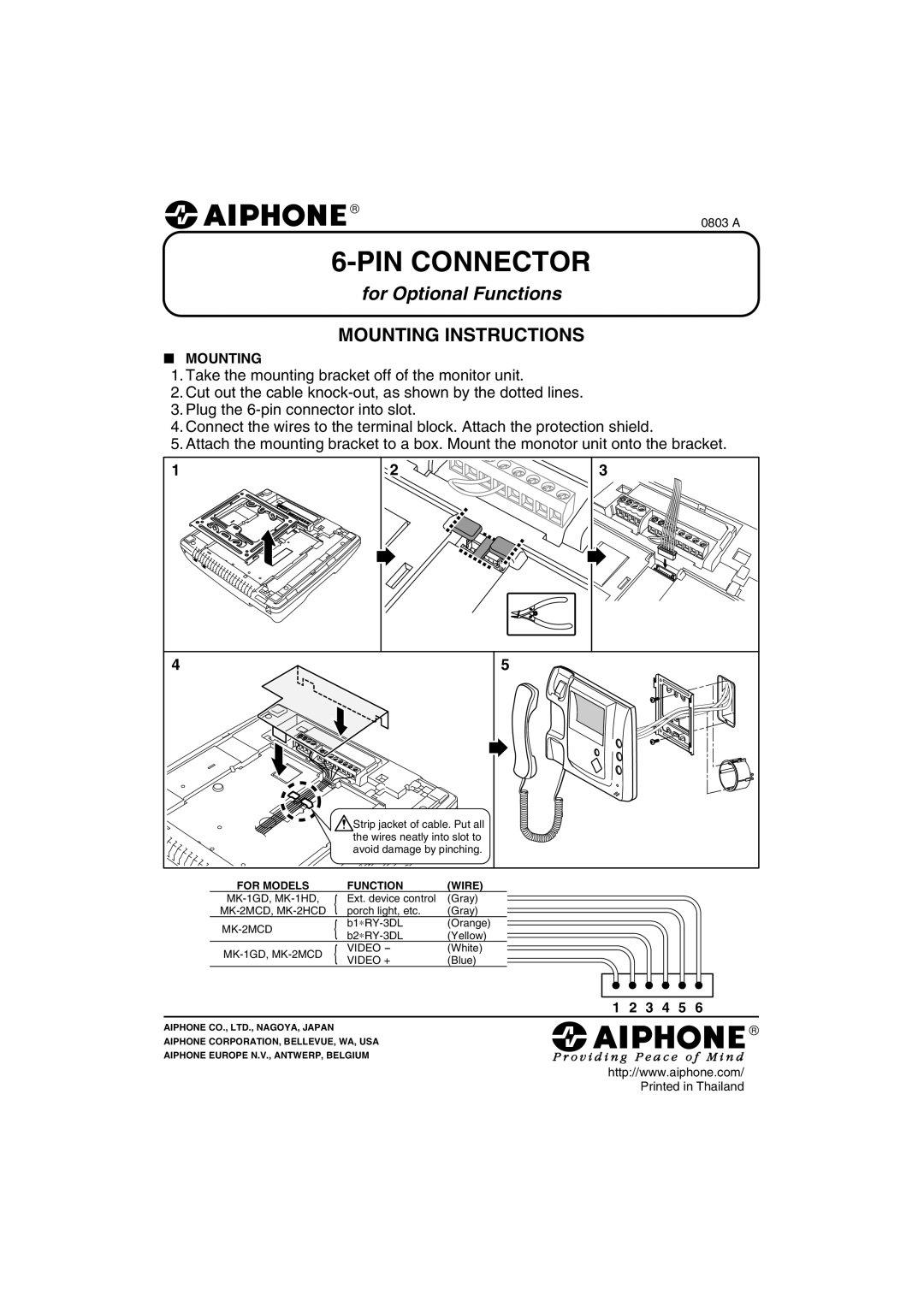 Aiphone MK-2HCD, Mk-2mcd manual Pinconnector, for Optional Functions, Mounting Instructions 
