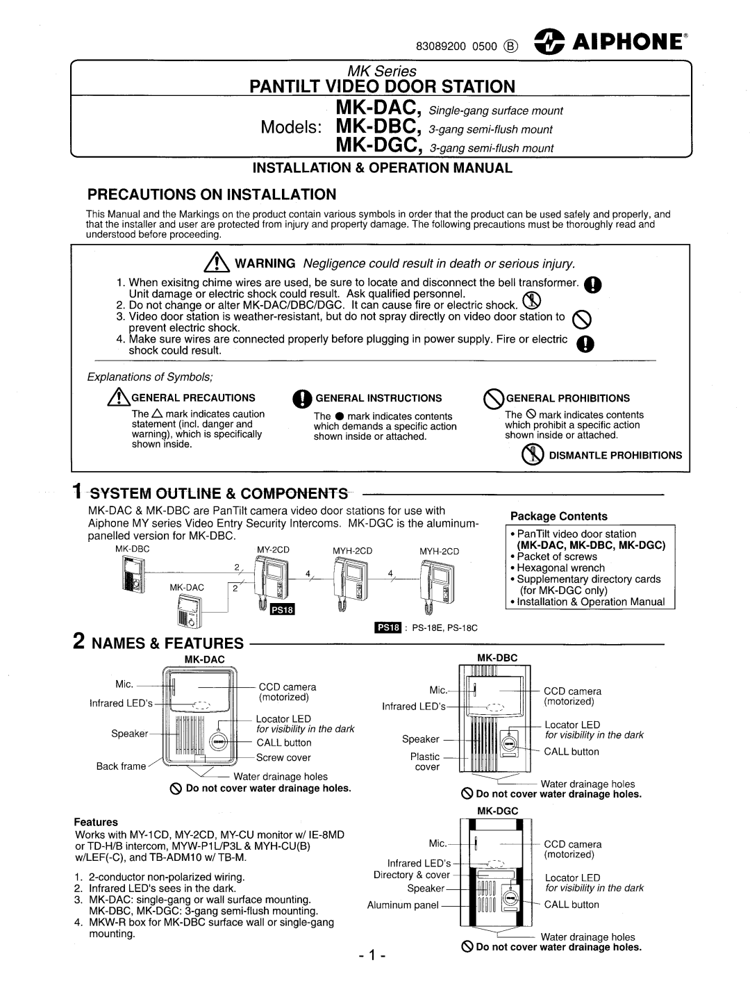 Aiphone MK-DGC, MK-DAC, MK-DBC manual 