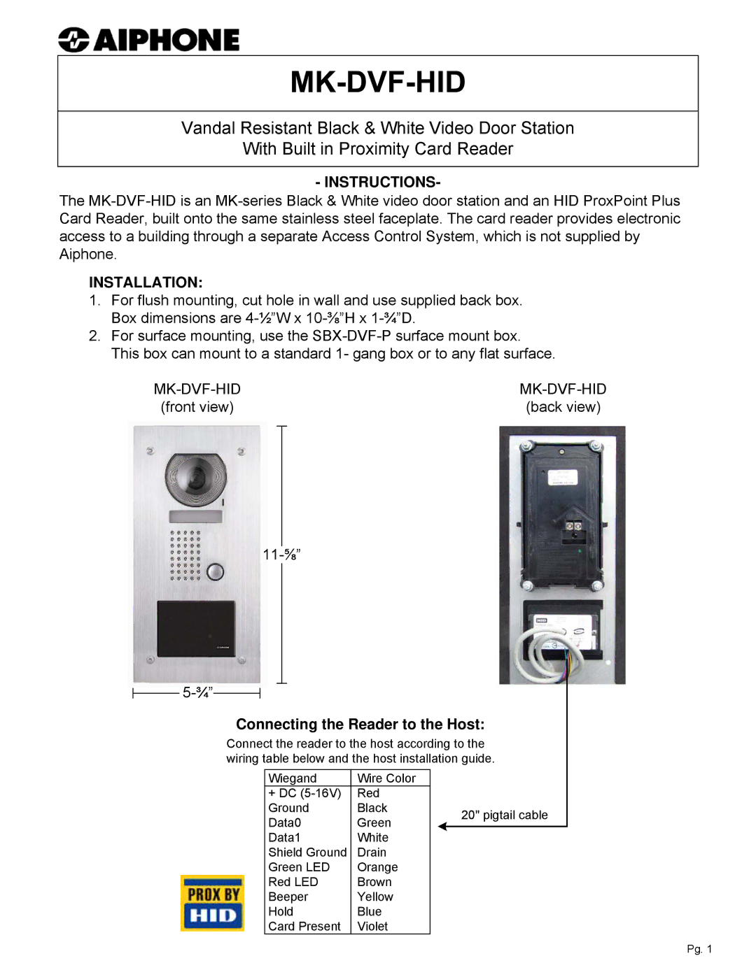 Aiphone MK-DVF-HID, MK-DVF-HD dimensions Instructions, Installation, Connecting the Reader to the Host 