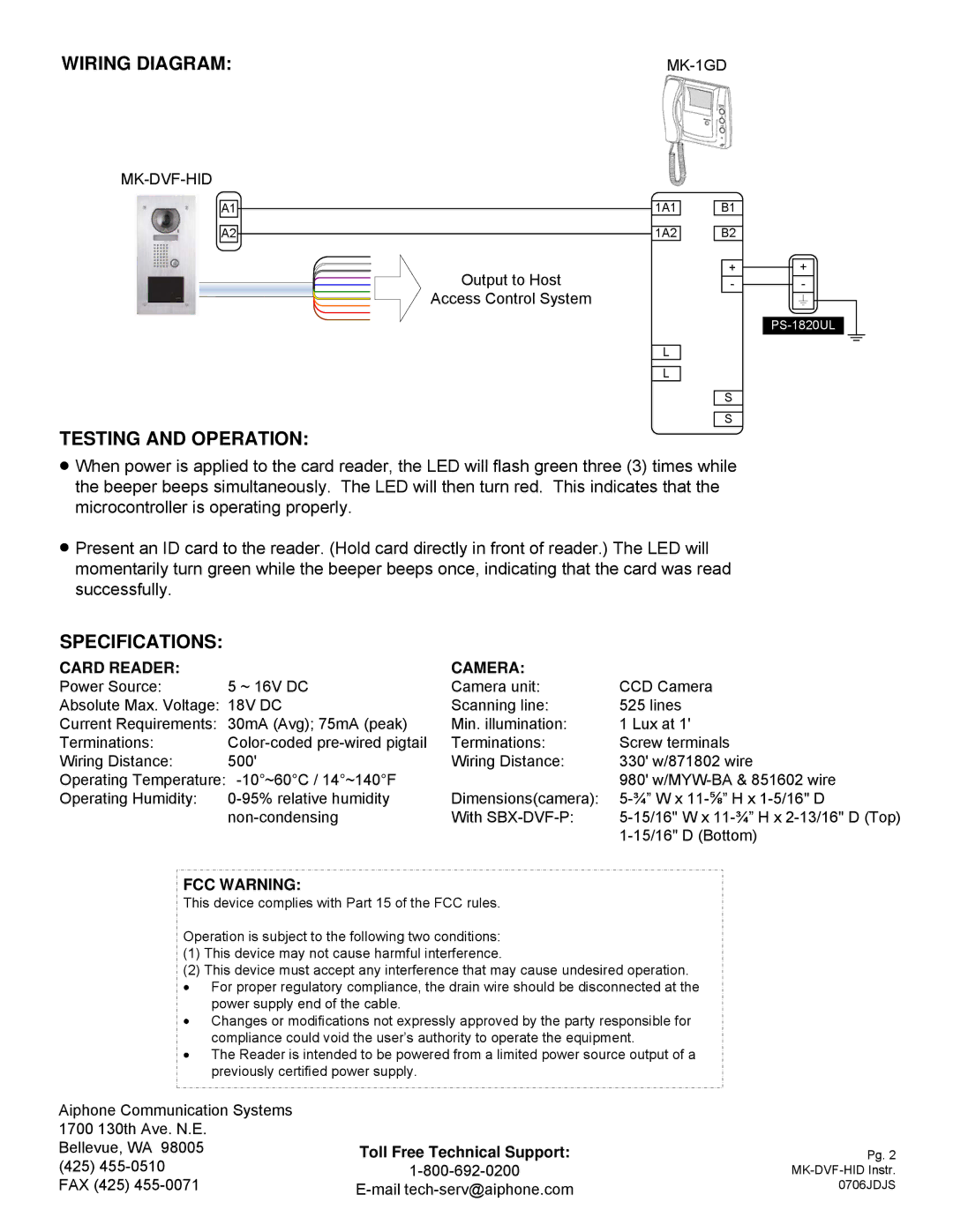 Aiphone MK-DVF-HD, MK-DVF-HID Wiring Diagram, Testing and Operation, Specifications, Card Reader Camera, FCC Warning 