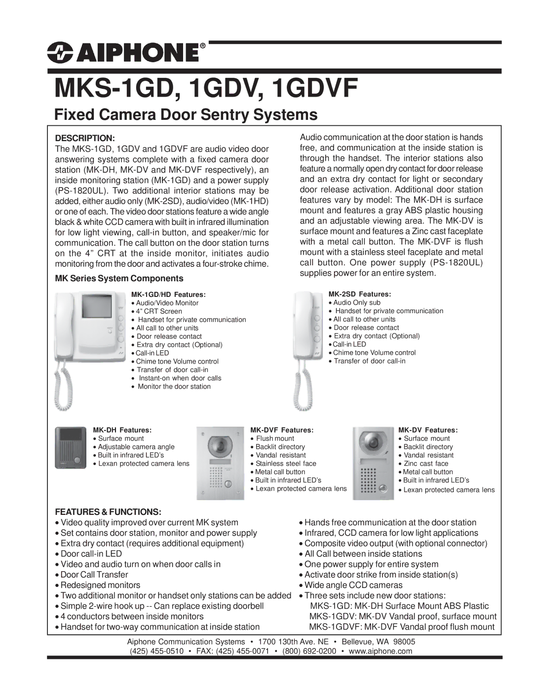 Aiphone manual MKS-1GD, 1GDV, 1GDVF, Fixed Camera Door Sentry Systems, Description, MK Series System Components 