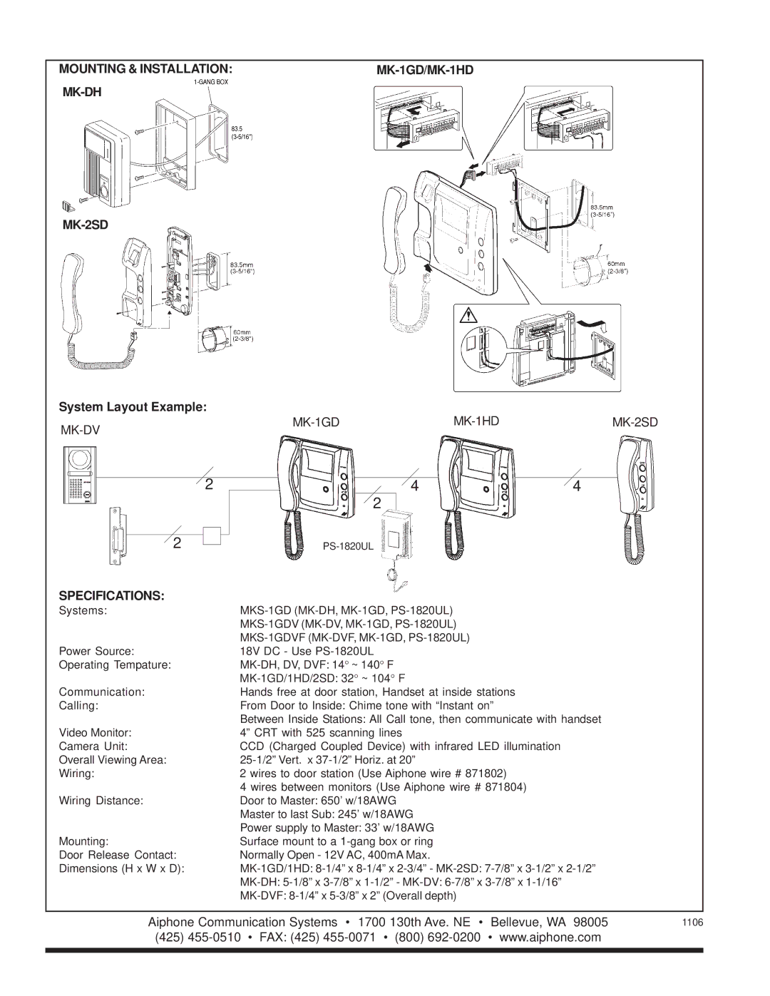 Aiphone 1GDVF, MKS-1GD manual Mounting & Installation MK-1GD/MK-1HD MK-DH MK-2SD, System Layout Example, Specifications 