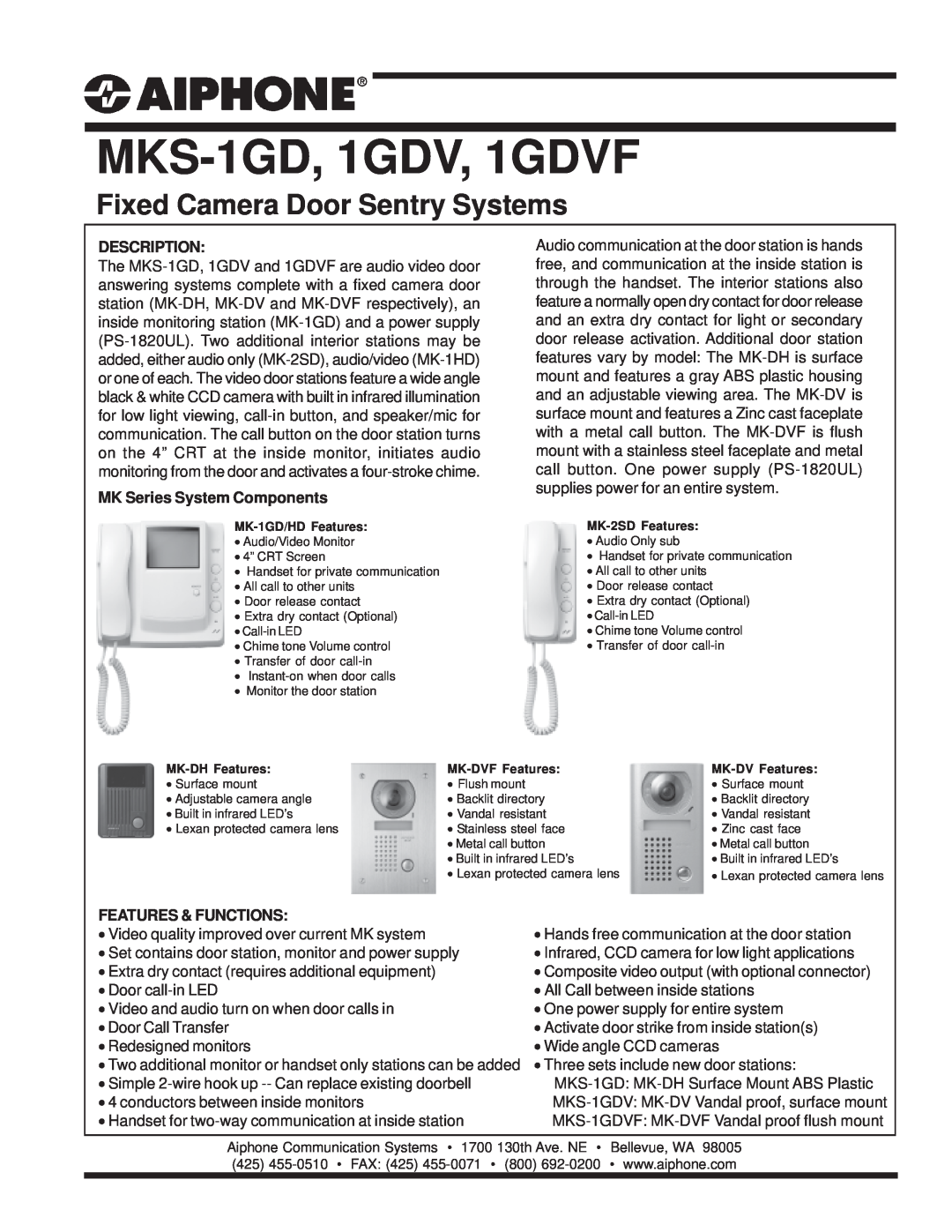 Aiphone manual Description, MK Series System Components, Features & Functions, MKS-1GD,1GDV, 1GDVF 