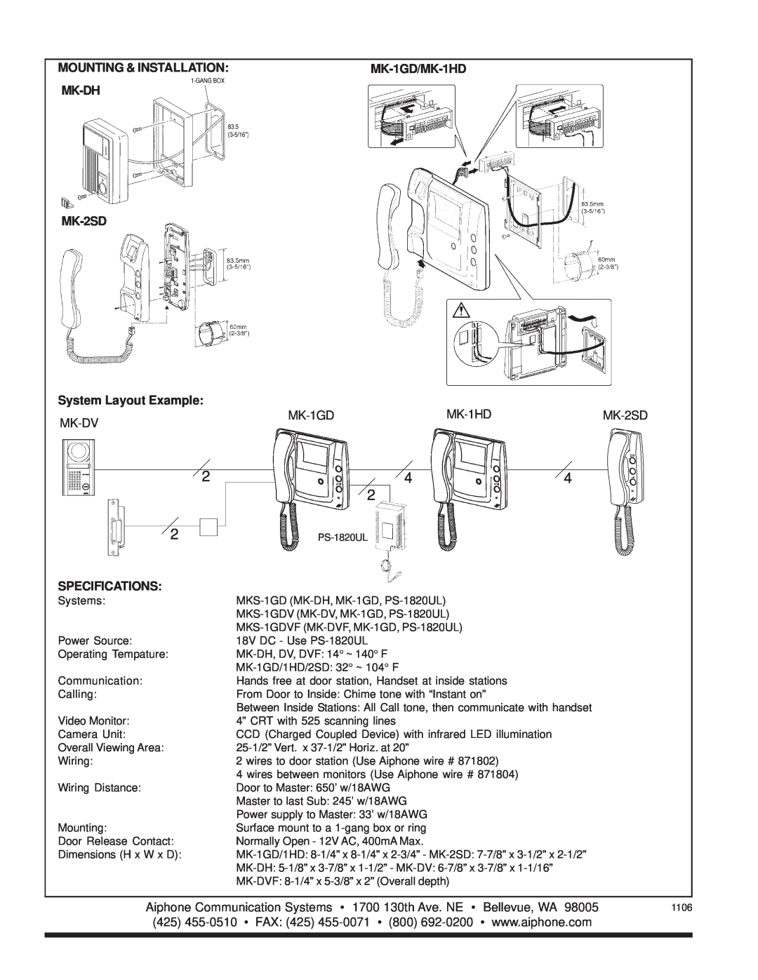 Aiphone 1GDVF, MKS-1GD manual Mounting & Installation, MK-1GD/MK-1HD, Mk-Dh, MK-2SD, System Layout Example, Specifications 
