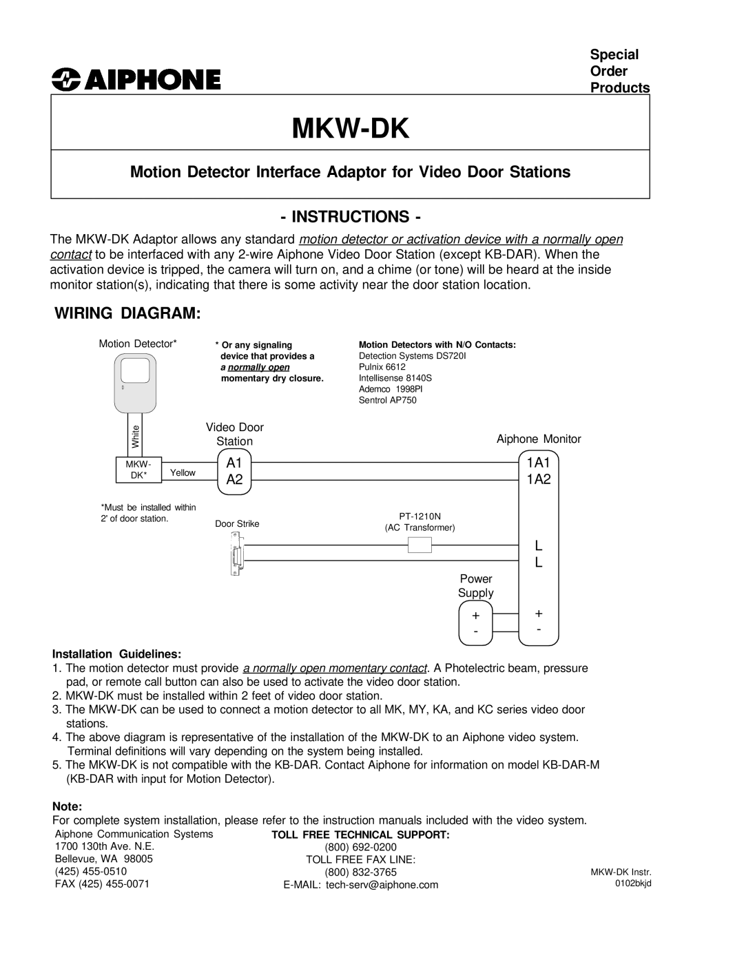 Aiphone MKW-DK instruction manual Mkw-Dk, Instructions, Wiring Diagram, 1A1, 1A2 