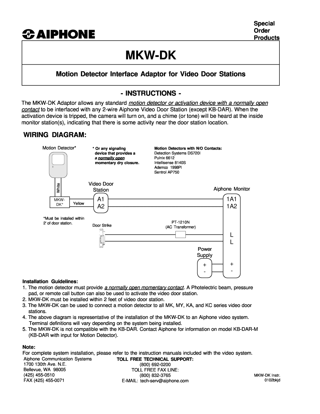 Aiphone MKW-DK instruction manual Mkw-Dk, Instructions, Wiring Diagram, Special Order Products, Installation Guidelines 