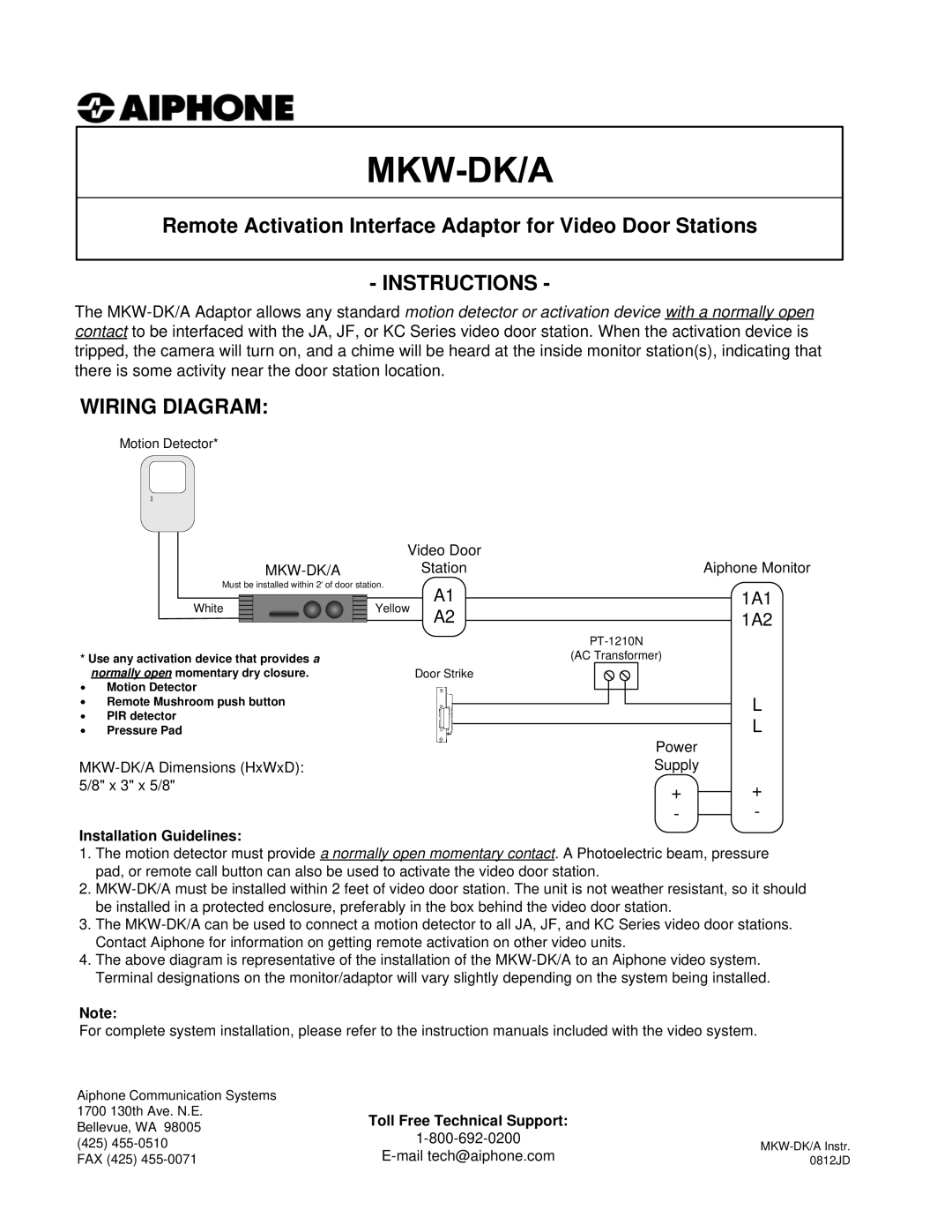 Aiphone MKW-DK/A instruction manual Instructions, Wiring Diagram, 1A1, 1A2, Installation Guidelines 