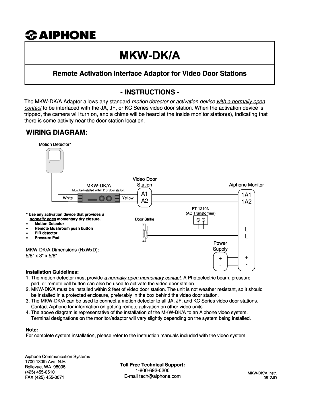 Aiphone MKW-DK/A instruction manual Instructions, Wiring Diagram, Installation Guidelines 
