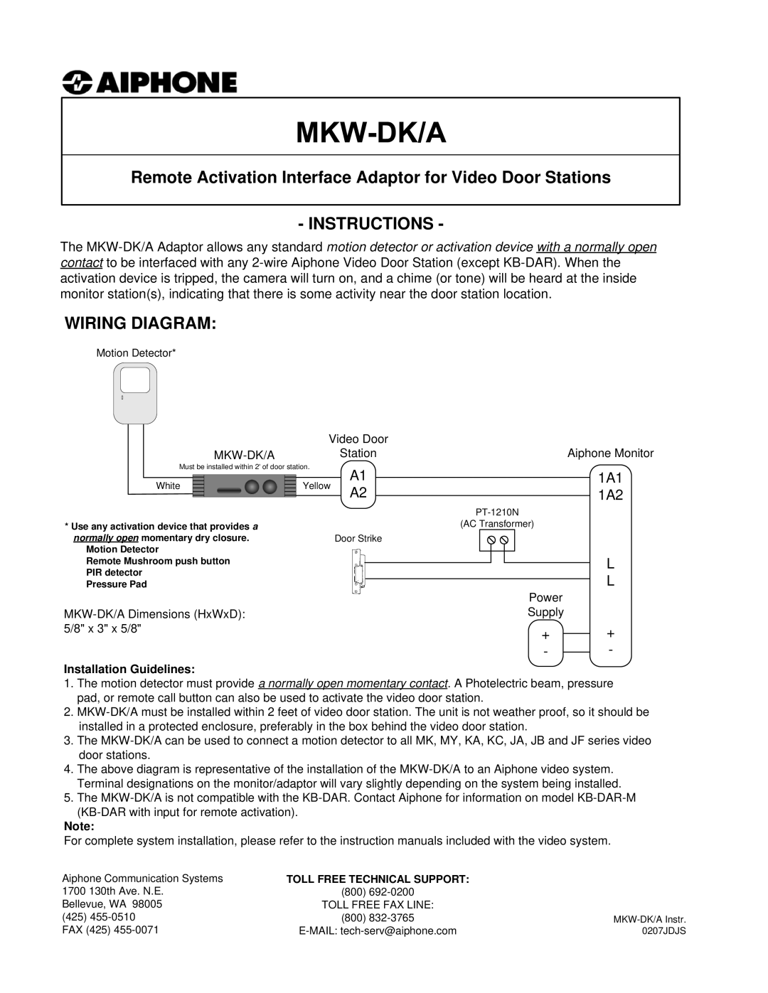 Aiphone MKW-DK/A instruction manual Instructions, Wiring Diagram, 1A1, 1A2, Installation Guidelines 