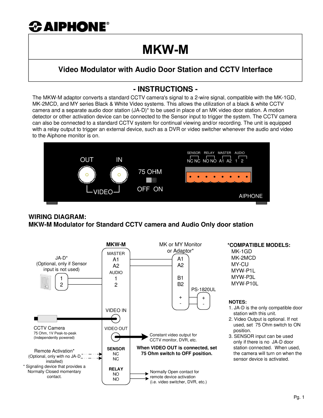 Aiphone MKW-M manual Wiring Diagram, Mkw-M, Compatible Models MK-1GD, MK-2MCD MY-CU MYW-P1L MYW-P3L MYW-P10L 