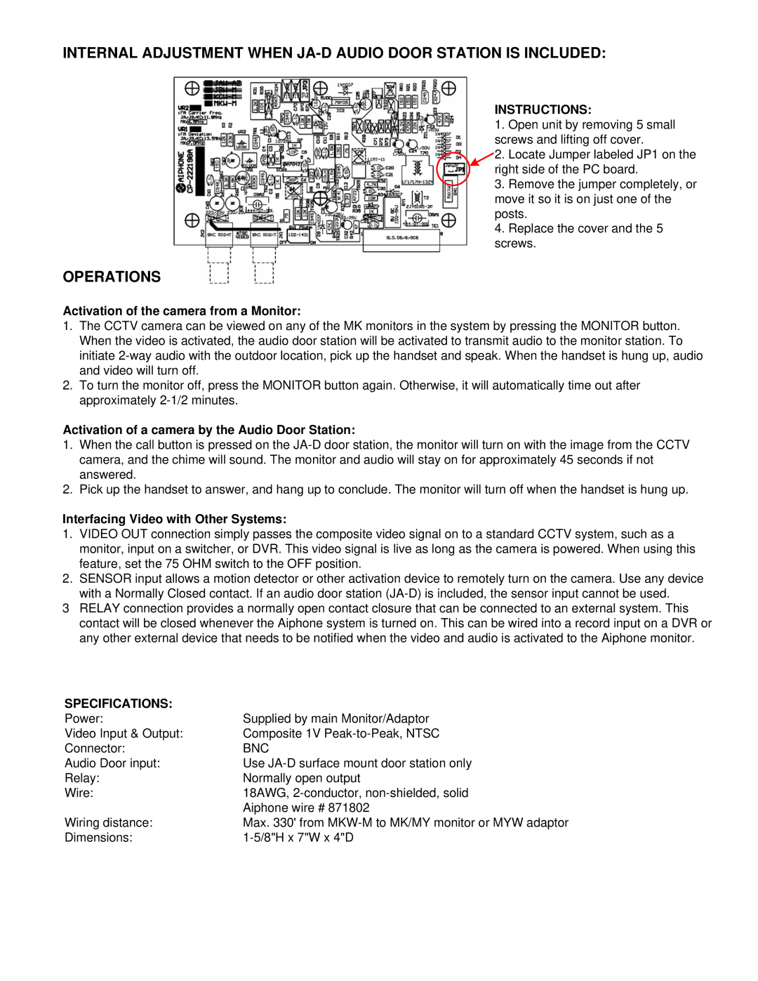 Aiphone MKW-M manual Operations, Instructions, Specifications 