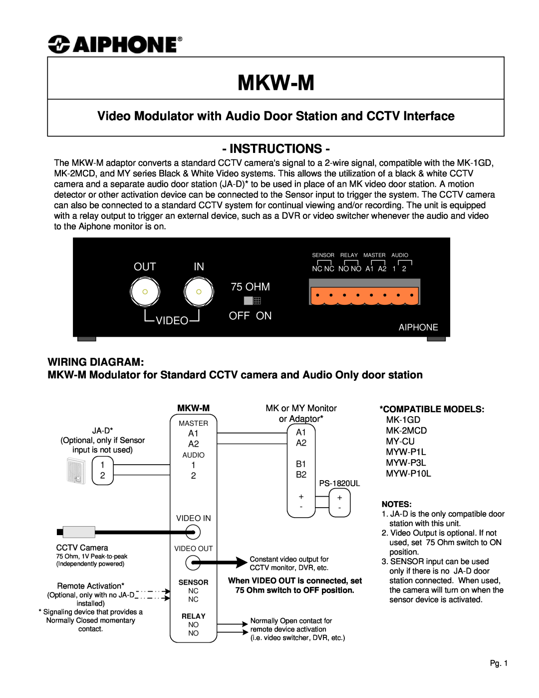 Aiphone manual Wiring Diagram, MKW-M Modulator for Standard CCTV camera and Audio Only door station, Mkw-M, 75 OHM 
