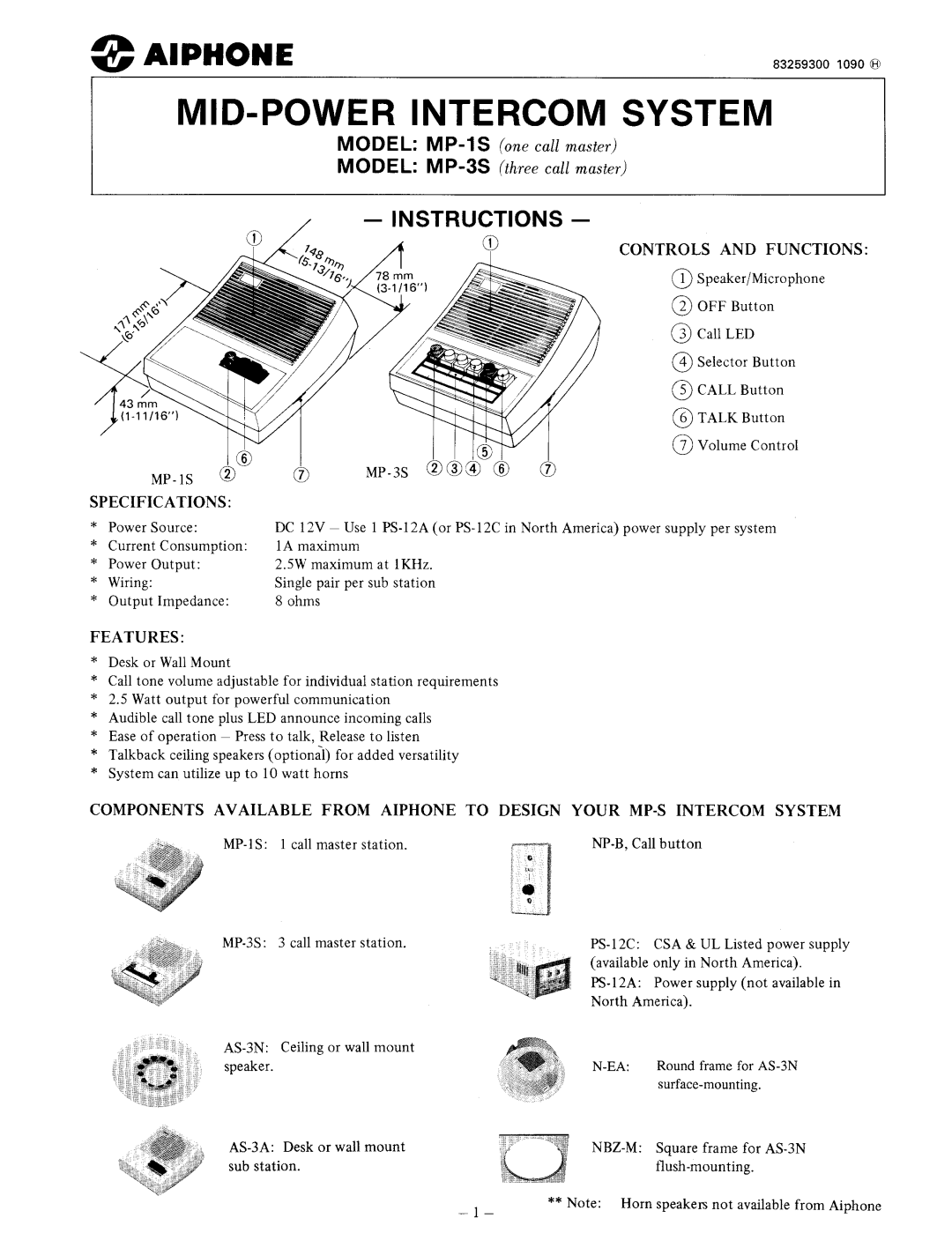 Aiphone MP-3S, MP-1S manual 