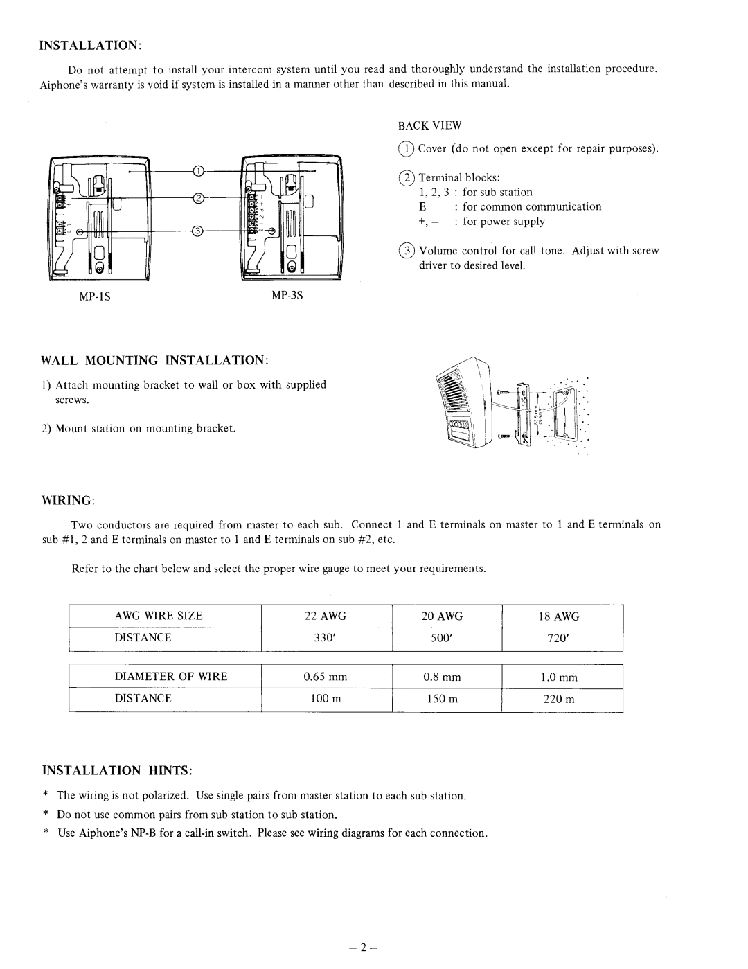 Aiphone MP-1S, MP-3S manual 