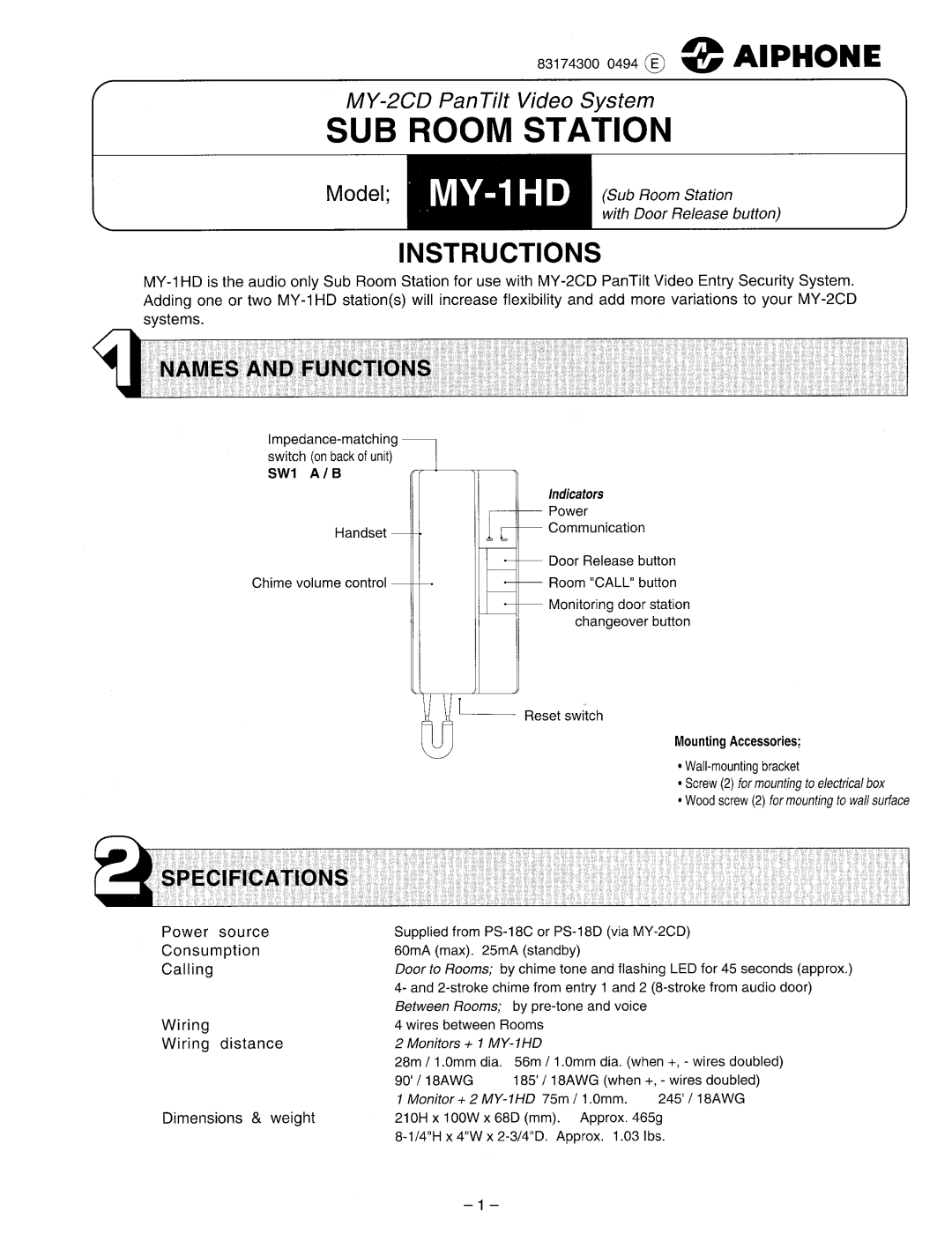 Aiphone MY-1HD manual 