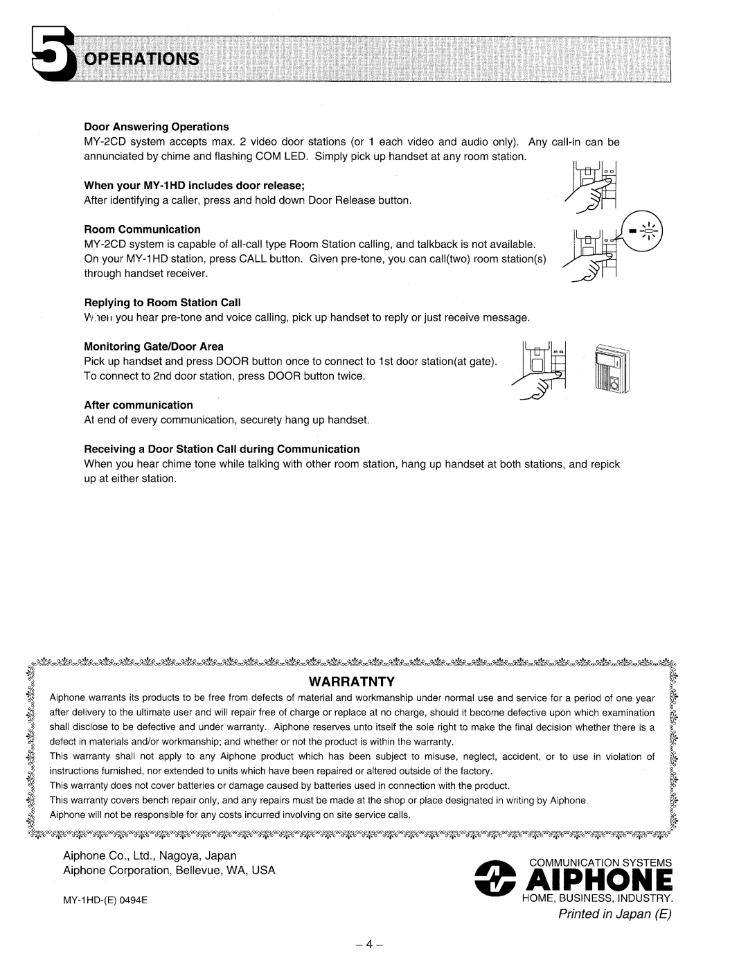 Aiphone MY-1HD manual 