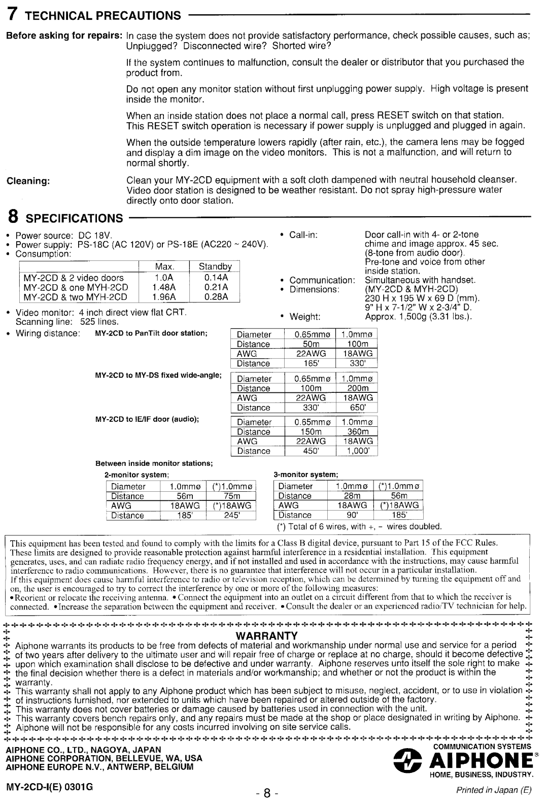 Aiphone MY-2CD, MYH-2CD manual 