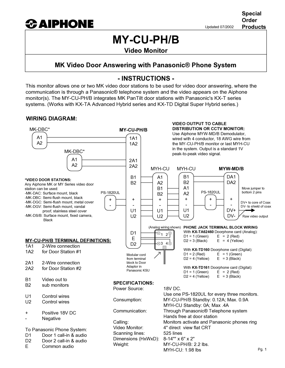 Aiphone MY-CU-PH/B specifications Wiring Diagram, My-Cu-Ph/B, Myw-Md/B, Specifications 