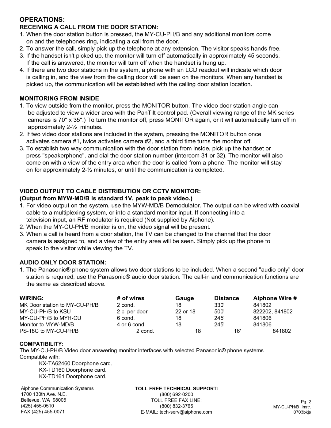 Aiphone MY-CU-PH/B Operations, Receiving a Call from the Door Station, Monitoring from Inside, Audio only Door Station 