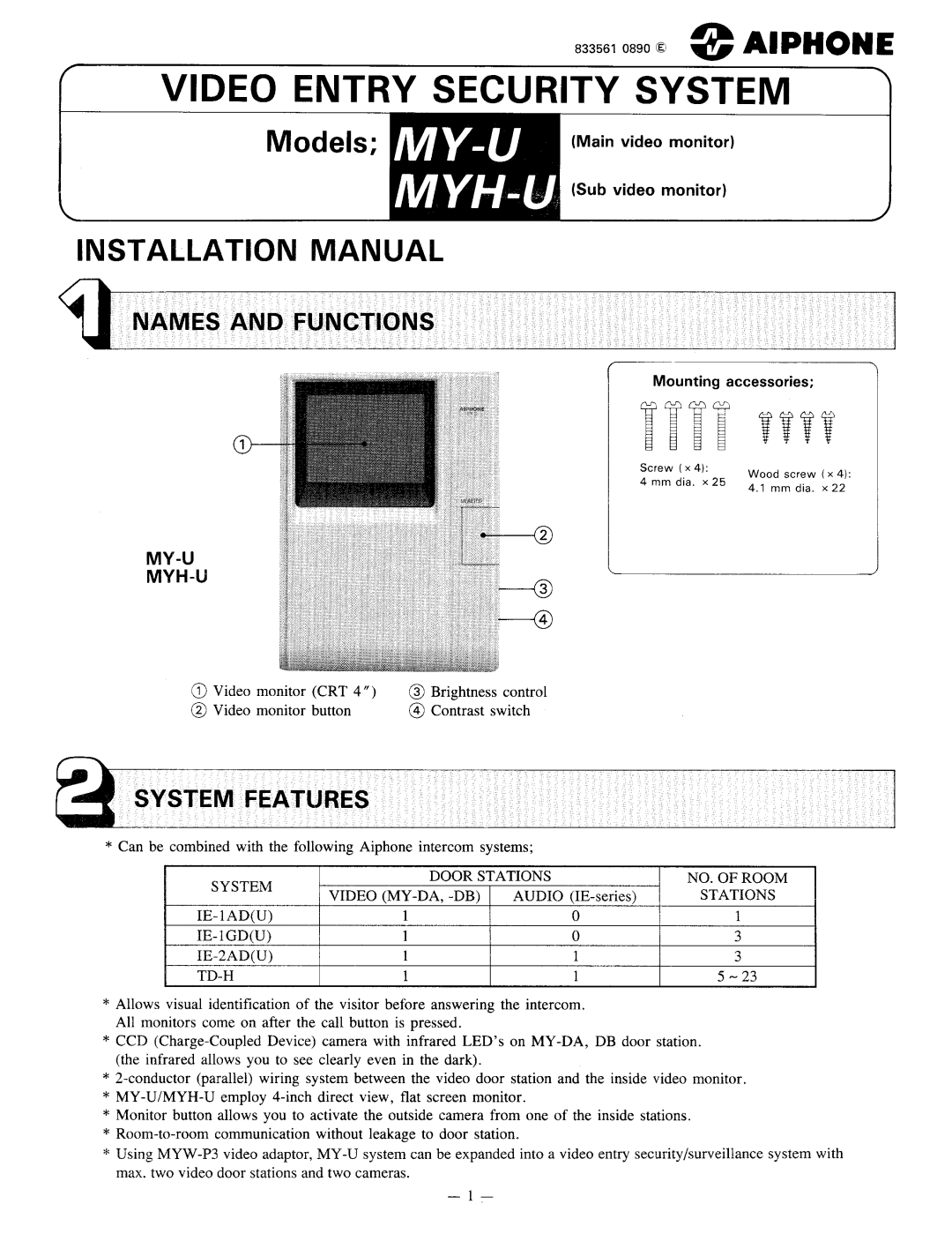 Aiphone MY-U manual 
