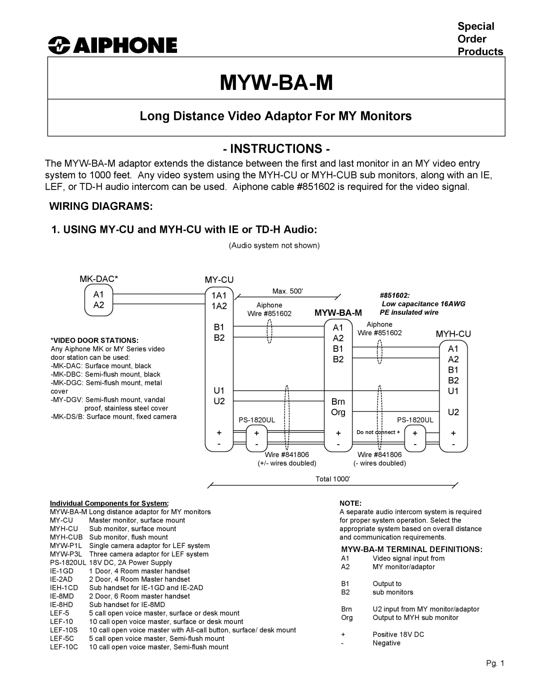 Aiphone MYW-BA-M manual Special Order Products, Using MY-CU and MYH-CU with IE or TD-H Audio, Mk-Dac My-Cu, Myw-Ba-M 