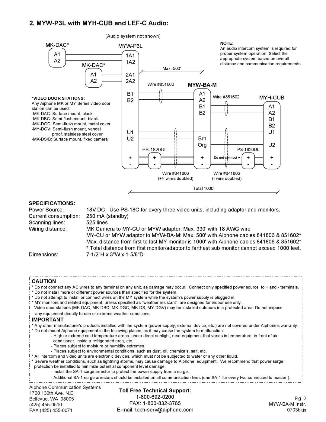 Aiphone MYW-BA-M manual MYW-P3L with MYH-CUB and LEF-C Audio, MK-DAC MYW-P3L, Mk-Dac, Myh-Cub, Specifications 