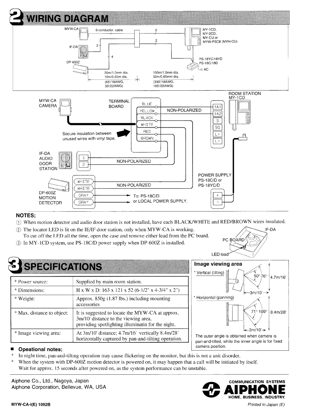 Aiphone MYW-CA manual 