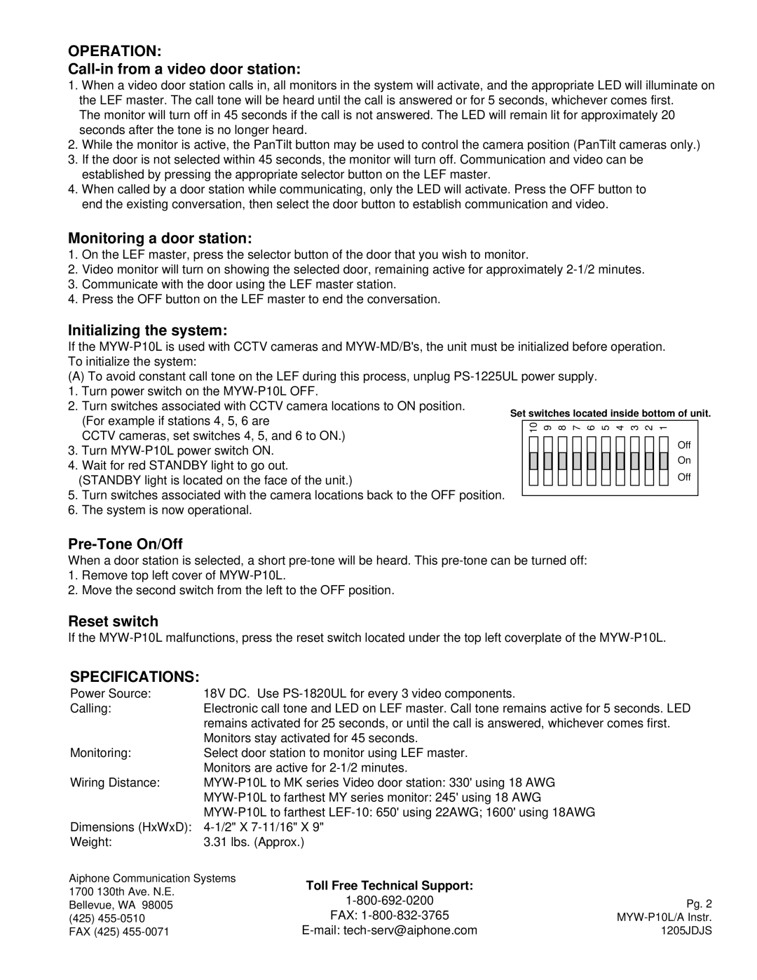 Aiphone MYW-P10L manual Operation, Specifications 