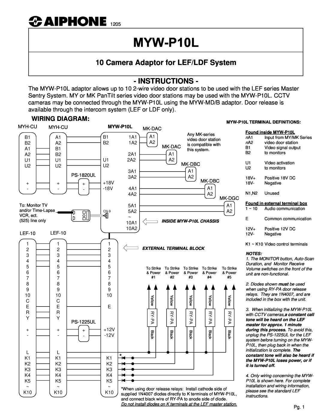 Aiphone MYW-P10L manual Wiring Diagram, Camera Adaptor for LEF/LDF System INSTRUCTIONS 