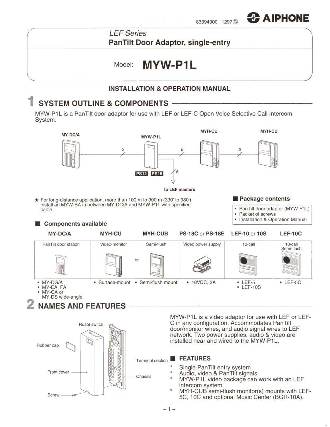 Aiphone MYW-P1L manual 